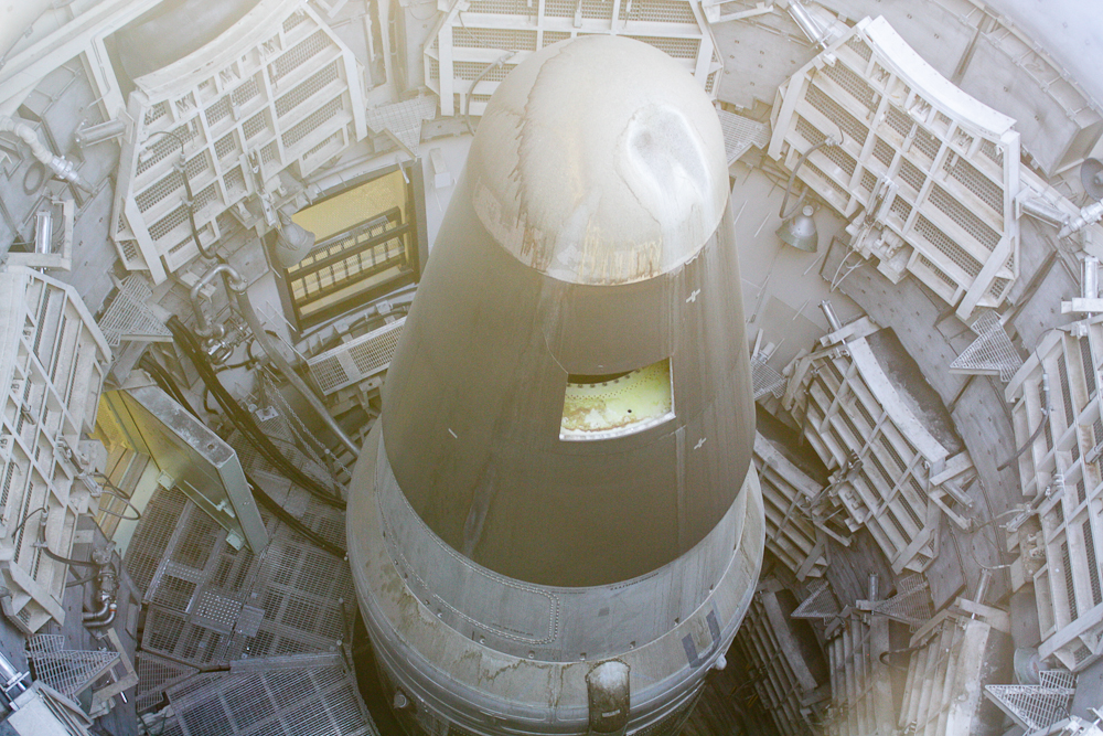 An inactive Intercontinental Ballistic Missile sits in its silo at the Titan II Missile Museum in Sahuarita, Arizona. Located on West Duval Mine Road, the missile is the only weapon of its kind preserved from the Cold War era.